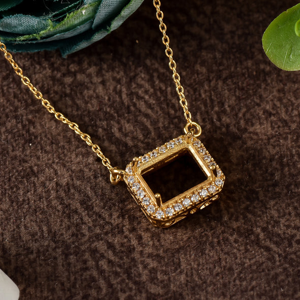 10x8MM Octagon Halo Semi-Mount Pendant - Gold-Plated Sterling Silver