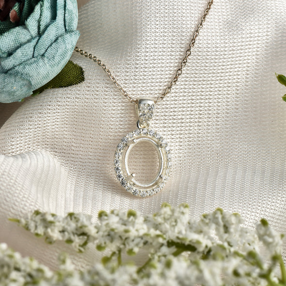 10x8MM Oval Halo Semi-Mount Pendant - 925 Sterling Silver