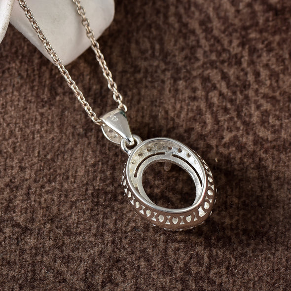 10x8MM Oval Halo Semi-Mount Pendant - 925 Sterling Silver