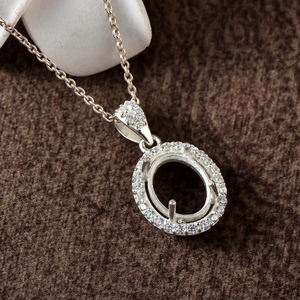 10x8MM Oval Halo Semi-Mount Pendant - 925 Sterling Silver