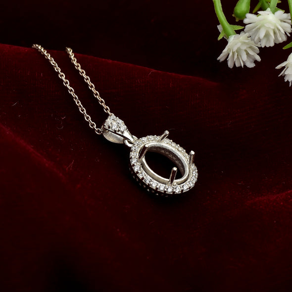 10x8MM Oval Halo Semi-Mount Pendant - 925 Sterling Silver