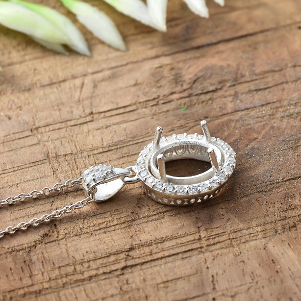 10x8MM Oval Halo Semi-Mount Pendant - 925 Sterling Silver