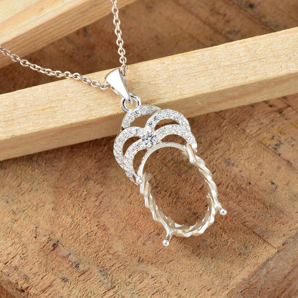 925 Sterling Silver 16x12MM Oval with CZ Accents Semi-Mount Pendant