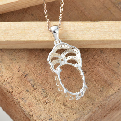 925 Sterling Silver 16x12MM Oval with CZ Accents Semi-Mount Pendant