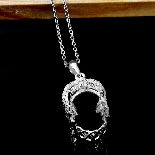 925 Sterling Silver 16x12MM Oval with CZ Accents Semi-Mount Pendant