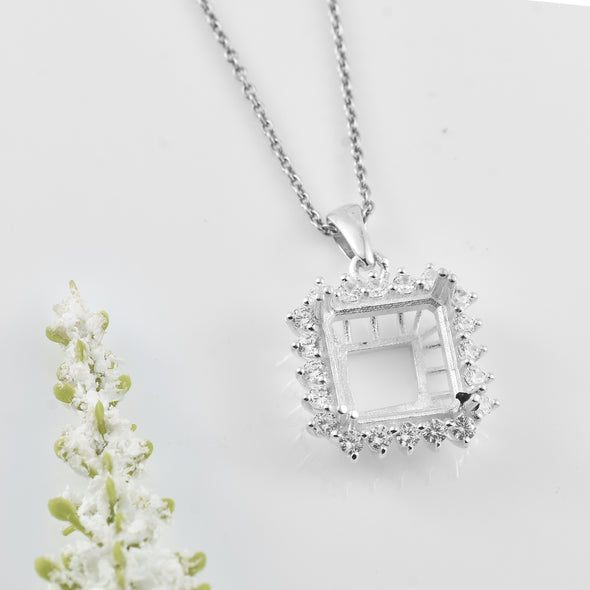 925 Sterling Silver 10x10MM Octagon Halo Semi-Mount Pendant