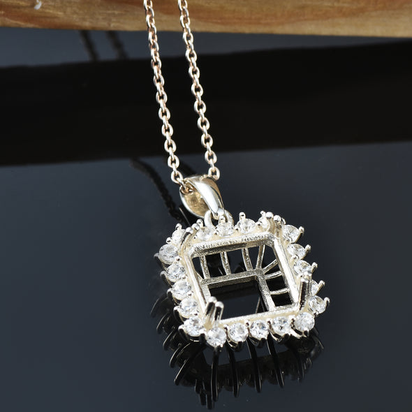 925 Sterling Silver 10x10MM Octagon Halo Semi-Mount Pendant