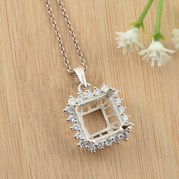 925 Sterling Silver 10x10MM Octagon Halo Semi-Mount Pendant