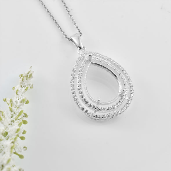 925 Sterling Silver 6x12MM Pear Double CZ Halo Semi-Mount Pendant