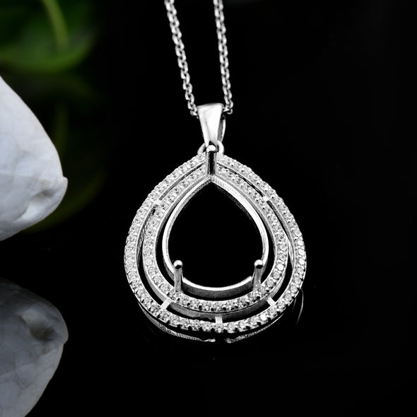 925 Sterling Silver 6x12MM Pear Double CZ Halo Semi-Mount Pendant