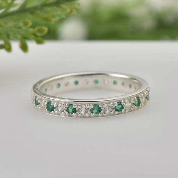 925 Sterling Silver 2MM Round Shape Emerald Gemstone Ring