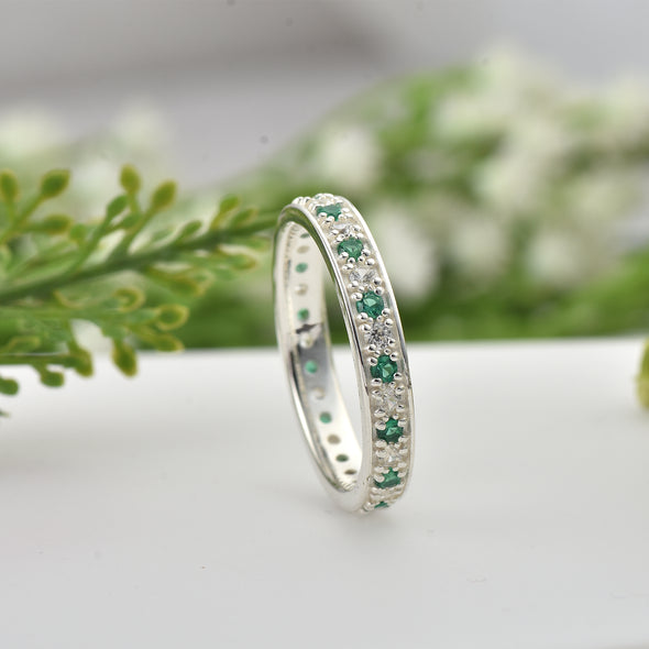 925 Sterling Silver 2MM Round Shape Emerald Gemstone Ring