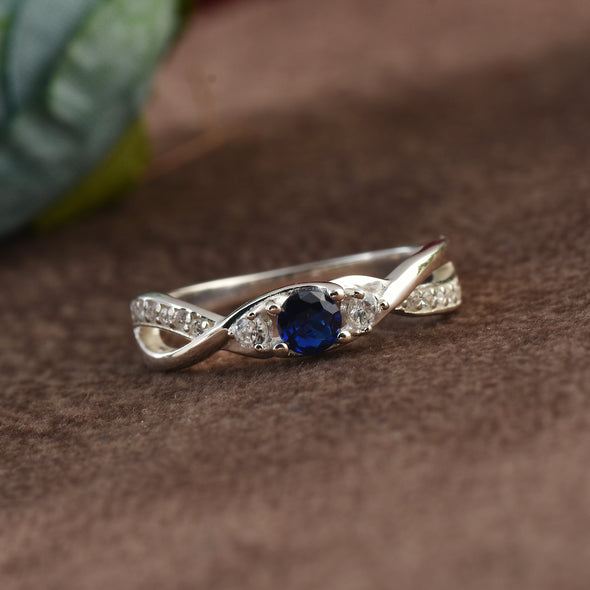 925 Sterling Silver 4MM Round Shape Blue Sapphire Gemstone Ring