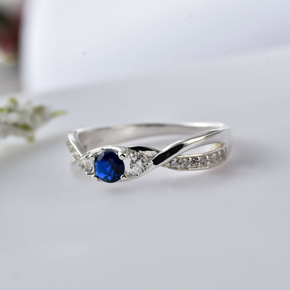 925 Sterling Silver 4MM Round Shape Blue Sapphire Gemstone Ring