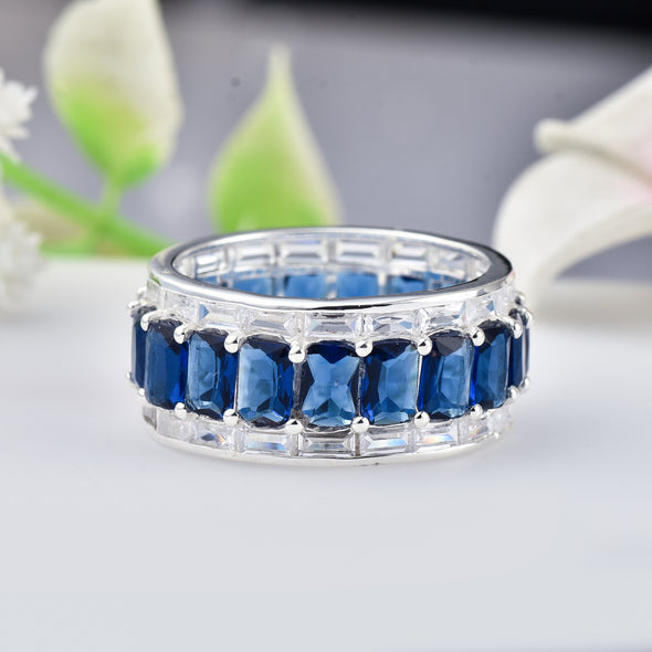 925 Sterling Silver 6x4MM Octagon Shape Blue Sapphire Gemstone Ring
