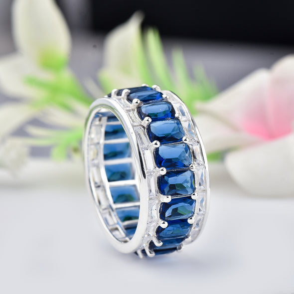 925 Sterling Silver 6x4MM Octagon Shape Blue Sapphire Gemstone Ring