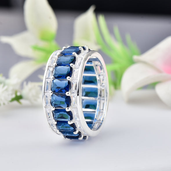 925 Sterling Silver 6x4MM Octagon Shape Blue Sapphire Gemstone Ring