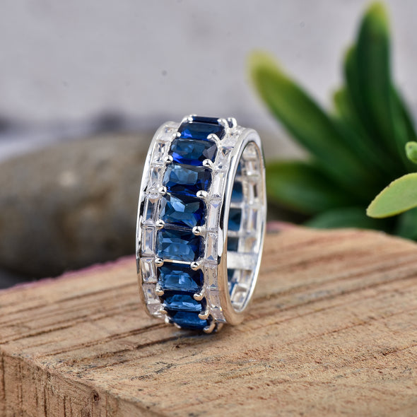 925 Sterling Silver 6x4MM Octagon Shape Blue Sapphire Gemstone Ring
