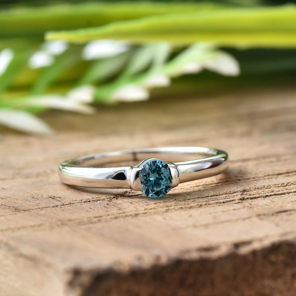 925 Sterling Silver 4MM Round Shape London Blue Topaz Gemstone Ring
