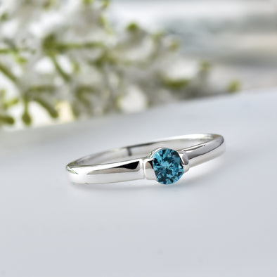 925 Sterling Silver 4MM Round Shape London Blue Topaz Gemstone Ring