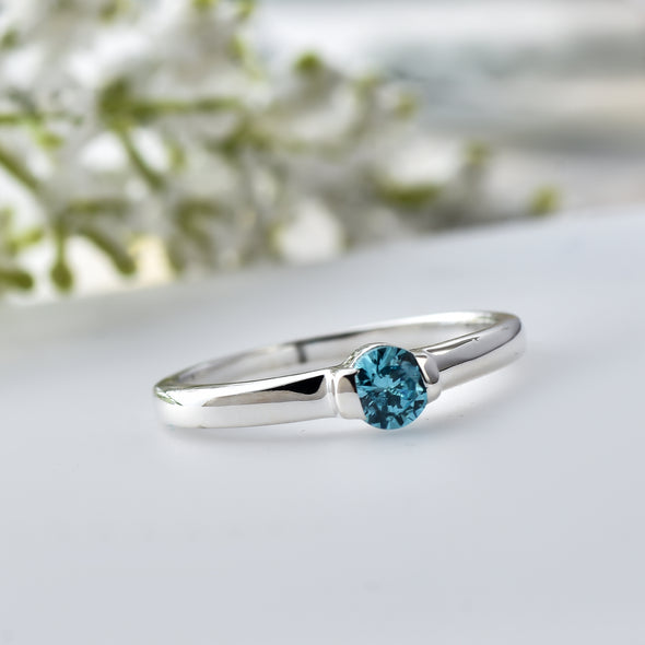 925 Sterling Silver 4MM Round Shape London Blue Topaz Gemstone Ring