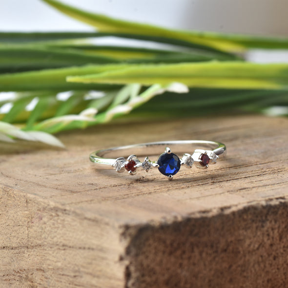 925 Sterling Silver 4MM Round Shape Blue Sapphire Gemstone Ring