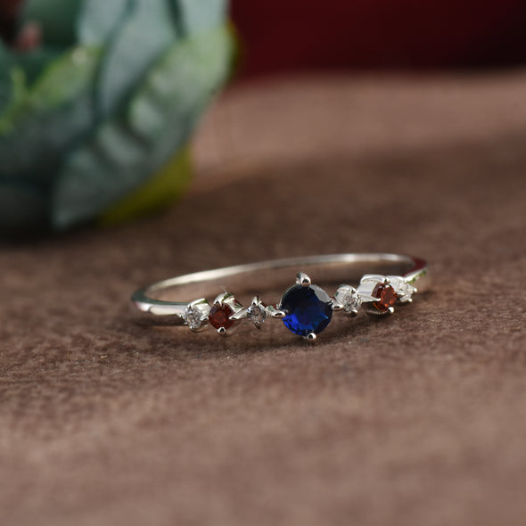 925 Sterling Silver 4MM Round Shape Blue Sapphire Gemstone Ring