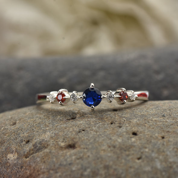 925 Sterling Silver 4MM Round Shape Blue Sapphire Gemstone Ring