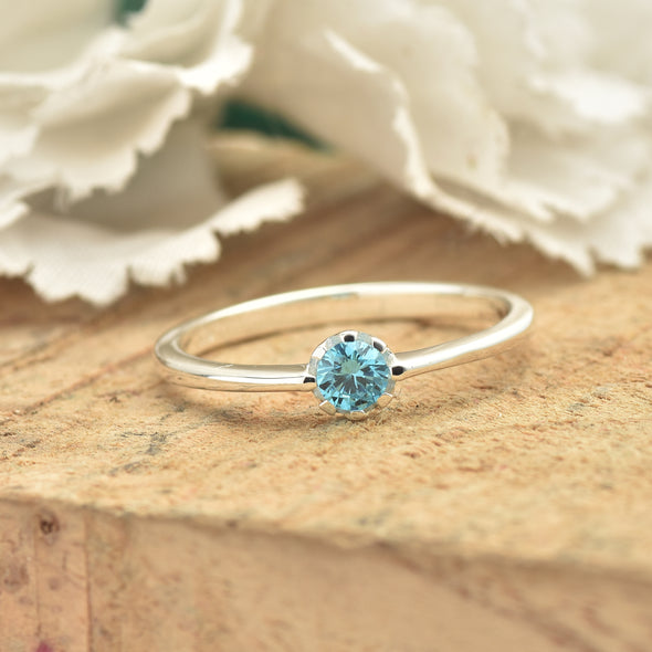 925 Sterling Silver 4MM Round Shape Aquamarine Gemstone Ring