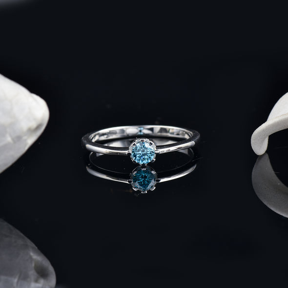 925 Sterling Silver 4MM Round Shape Aquamarine Gemstone Ring