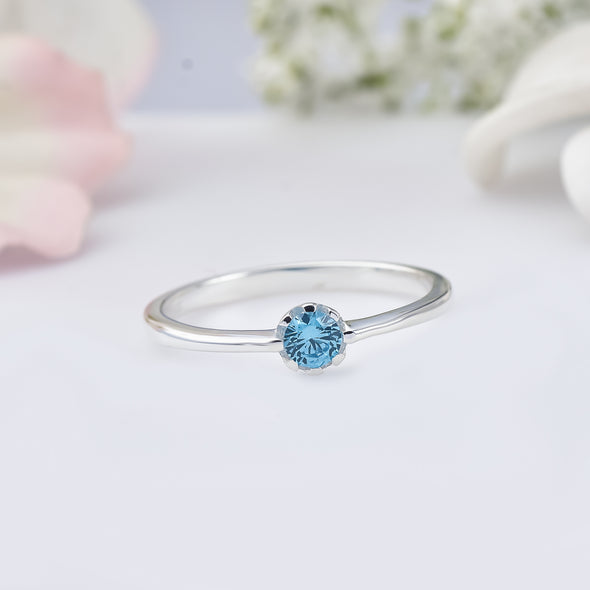 925 Sterling Silver 4MM Round Shape Aquamarine Gemstone Ring