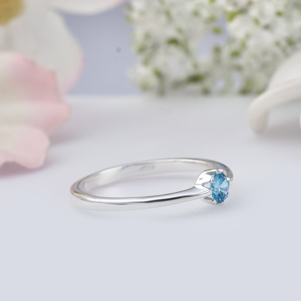 925 Sterling Silver 4MM Round Shape Aquamarine Gemstone Ring