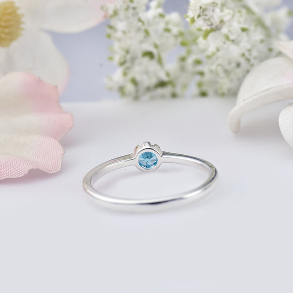 925 Sterling Silver 4MM Round Shape Aquamarine Gemstone Ring
