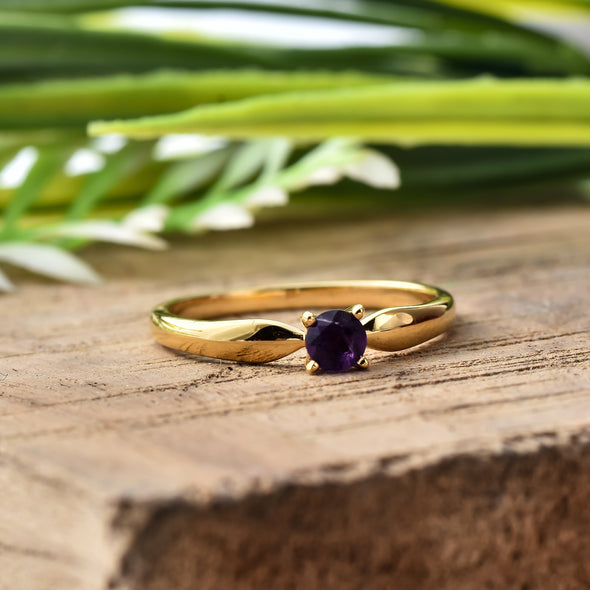 925 Sterling Silver 4MM Round Shape Amethyst Gemstone Ring