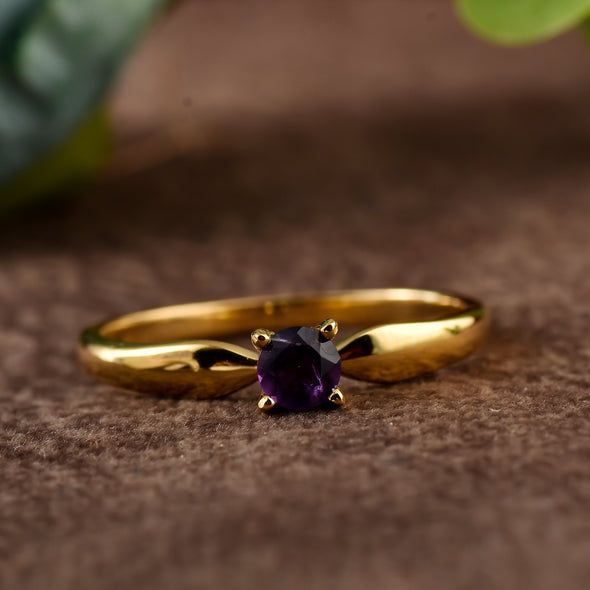 925 Sterling Silver 4MM Round Shape Amethyst Gemstone Ring