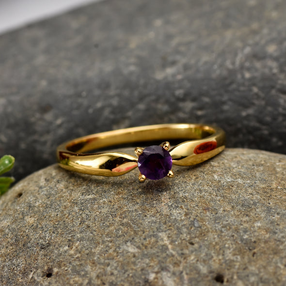 925 Sterling Silver 4MM Round Shape Amethyst Gemstone Ring