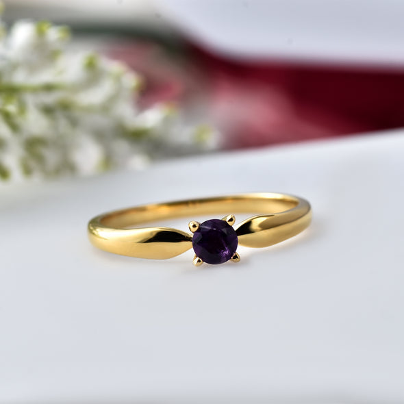 925 Sterling Silver 4MM Round Shape Amethyst Gemstone Ring