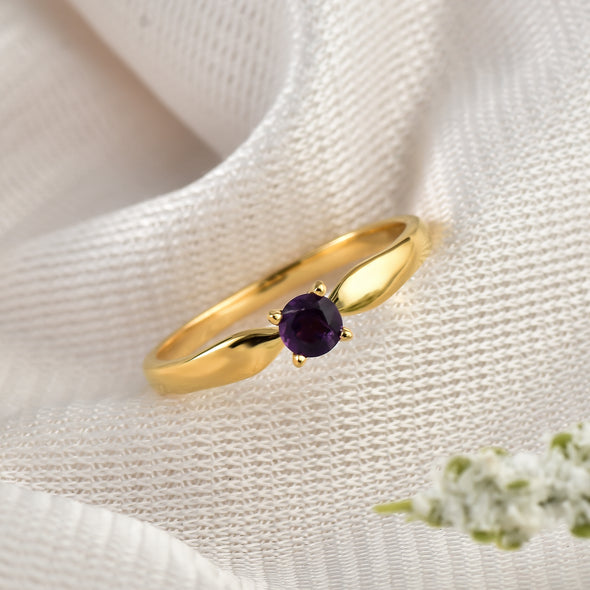 925 Sterling Silver 4MM Round Shape Amethyst Gemstone Ring