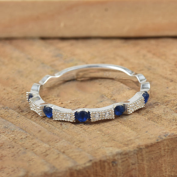 925 Sterling Silver 2MM Round Shape Blue Sapphire Gemstone Ring