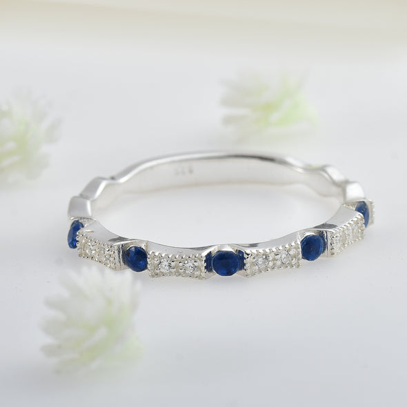 925 Sterling Silver 2MM Round Shape Blue Sapphire Gemstone Ring