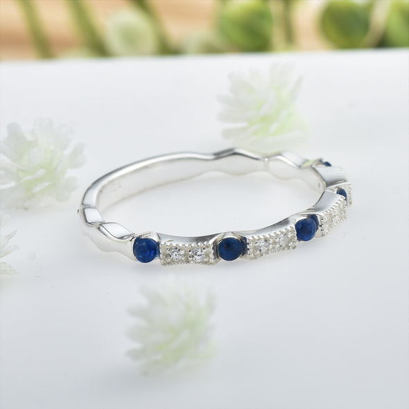 925 Sterling Silver 2MM Round Shape Blue Sapphire Gemstone Ring