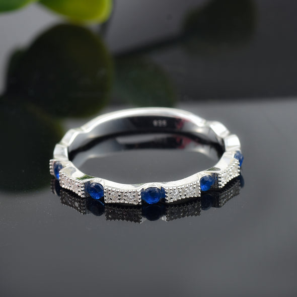 925 Sterling Silver 2MM Round Shape Blue Sapphire Gemstone Ring