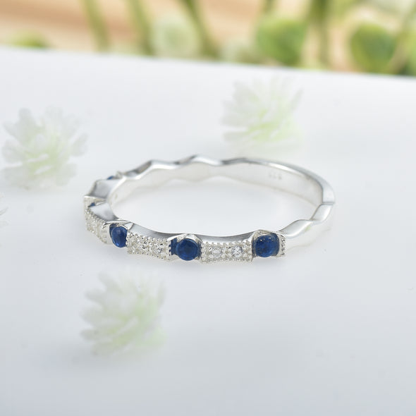 925 Sterling Silver 2MM Round Shape Blue Sapphire Gemstone Ring