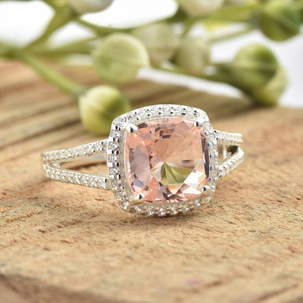 925 Sterling Silver 9MM Cushion Shape Morganite Gemstone Ring