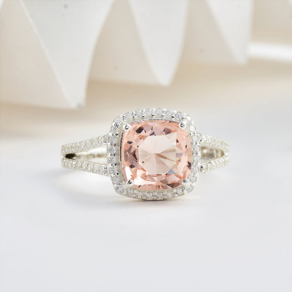 925 Sterling Silver 9MM Cushion Shape Morganite Gemstone Ring