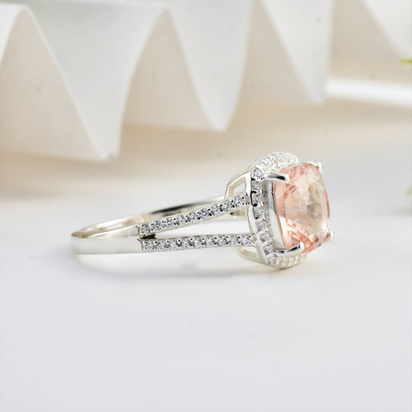 925 Sterling Silver 9MM Cushion Shape Morganite Gemstone Ring