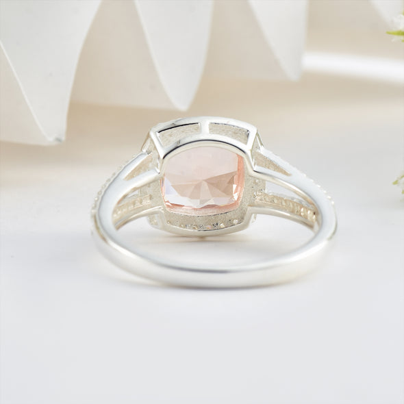925 Sterling Silver 9MM Cushion Shape Morganite Gemstone Ring