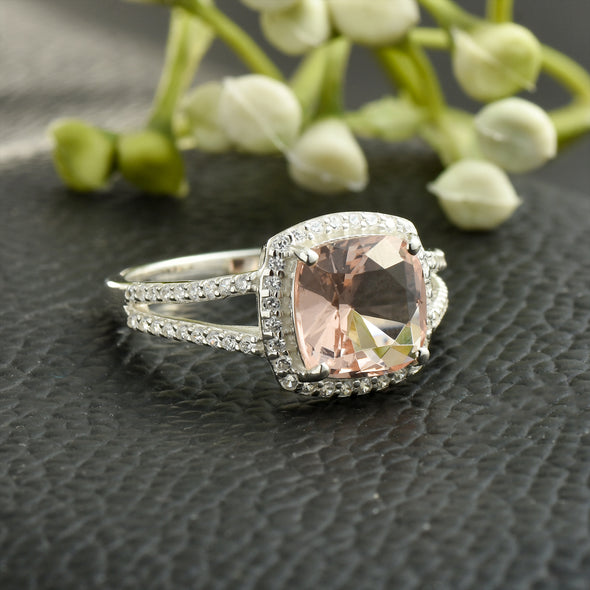 925 Sterling Silver 9MM Cushion Shape Morganite Gemstone Ring