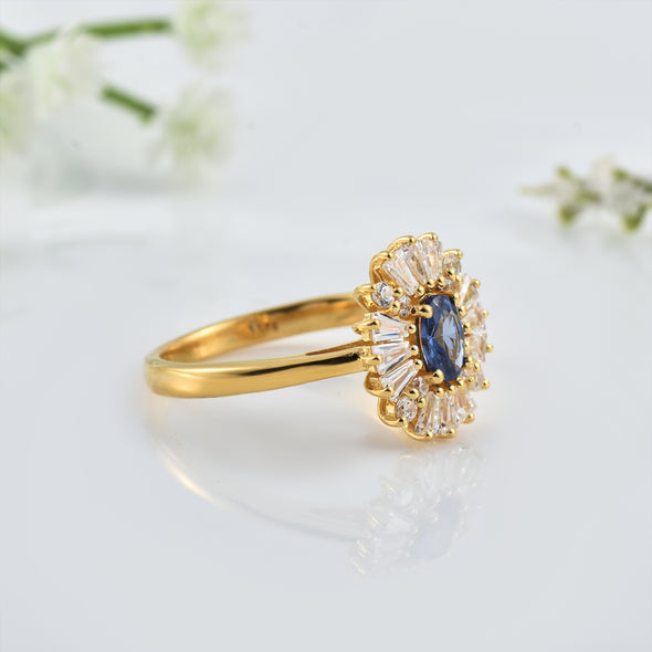 Tanzanite Sunburst Halo Ring – Sterling Silver Gold Plated