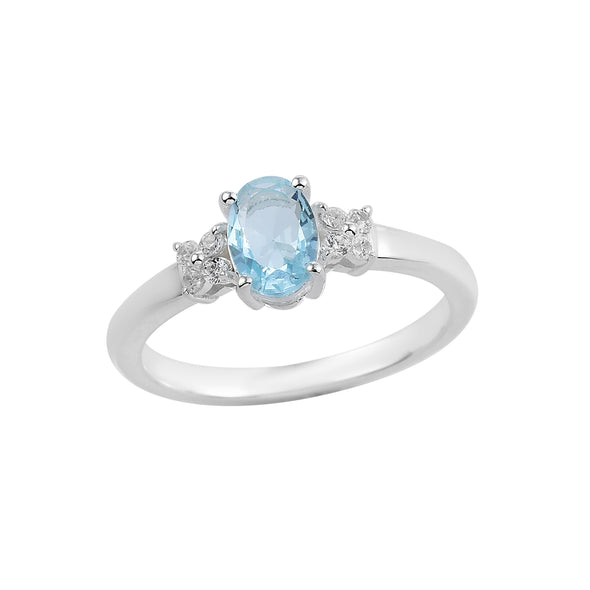 7x5mm Oval Blue Topaz Ring with side Accents - 925 Sterling Silver